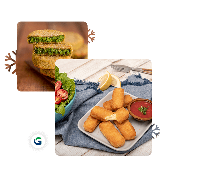 Portada-Mision-Conocenos Distintos platos de comida de Grupolar con íconos de copos de nieve